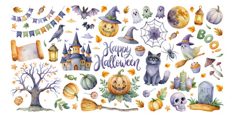 Hand-drawn watercolor halloween elements. Ghosts, halloween pumpkins, skull, candles, caramels, garland, bonbons, , autumn leaves