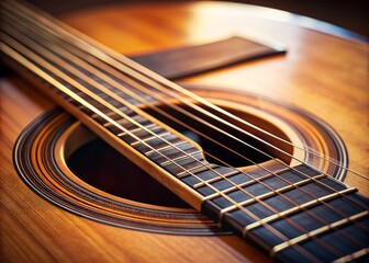 Fototapeta premium Close-up of an acoustic guitar's intricately wound strings and fretboard, with a shallow depth of field blurring the body, highlighting the instrument's craftsmanship.