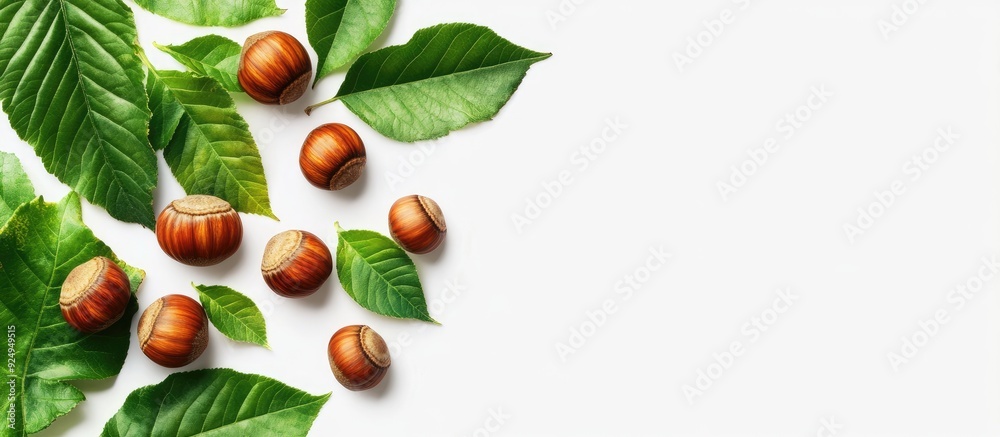 Poster chestnuts and curly leaves in green isolated on a white background. with copy space image. place for