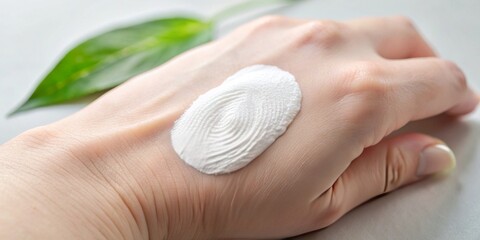 Naklejka premium Soft, white cosmetic smudge on a gentle hand background, with subtle fingerprints and natural skin texture, ideal for beauty, skincare, and makeup product promotions.