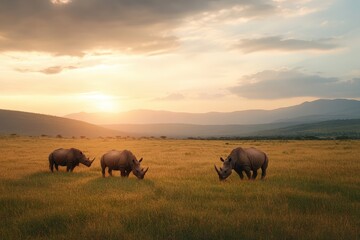 Three Rhinos Grazing Peacefully Under a Beautiful Sunset in a Protected Nature Reserve, Embracing Wild Serenity and Natural Beauty.
