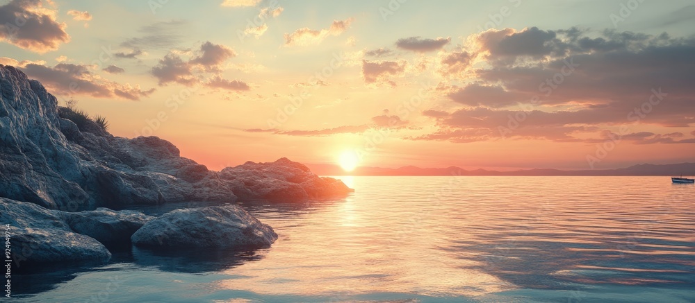 Aufkleber sunset on rocks by the ocean. with copy space image. Place for adding text or design