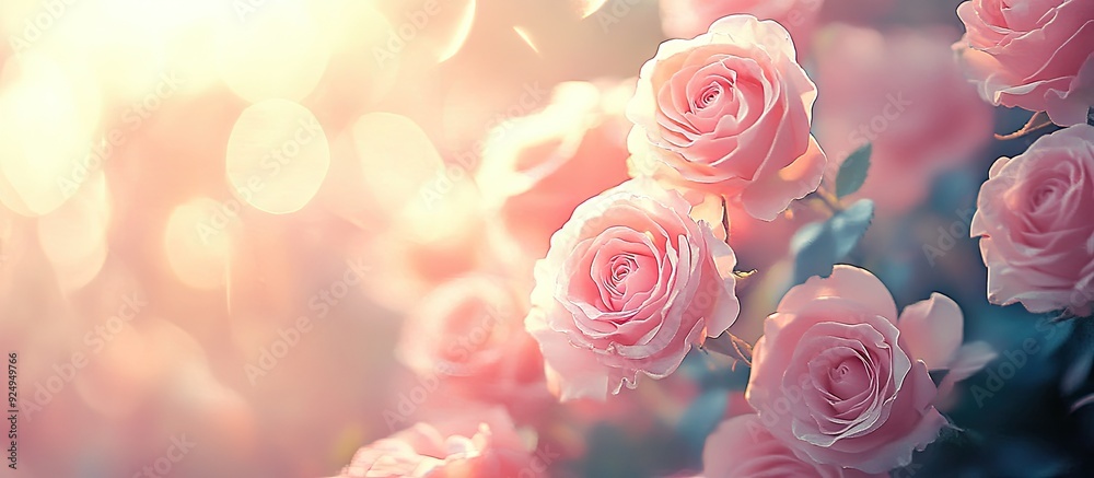 Poster close up of pink roses with a soft blur bokeh texture in vintage pastel colors for a background copy