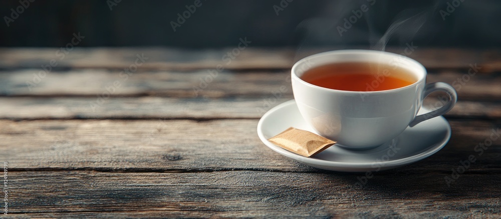 Poster Cup of tea with a tea bag on a wooden surface with a grey backdrop. with copy space image. Place for adding text or design