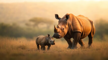 Obraz premium A tender moment captured between a mother rhino and her young calf in their serene, protected habitat, surrounded by the warmth of nature.