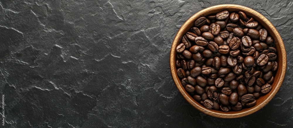 Aufkleber Close up of a wooden bowl filled with roasted coffee beans on a dark slate background Horizontal layout with copy space for text Top view