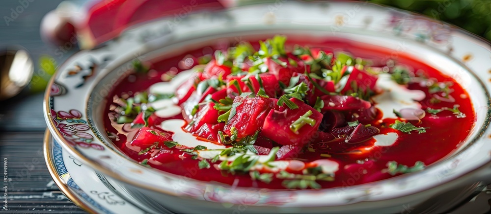 Poster traditional Ukrainian Russian soup borscht made from beets served with greens and sour cream. with copy space image. Place for adding text or design