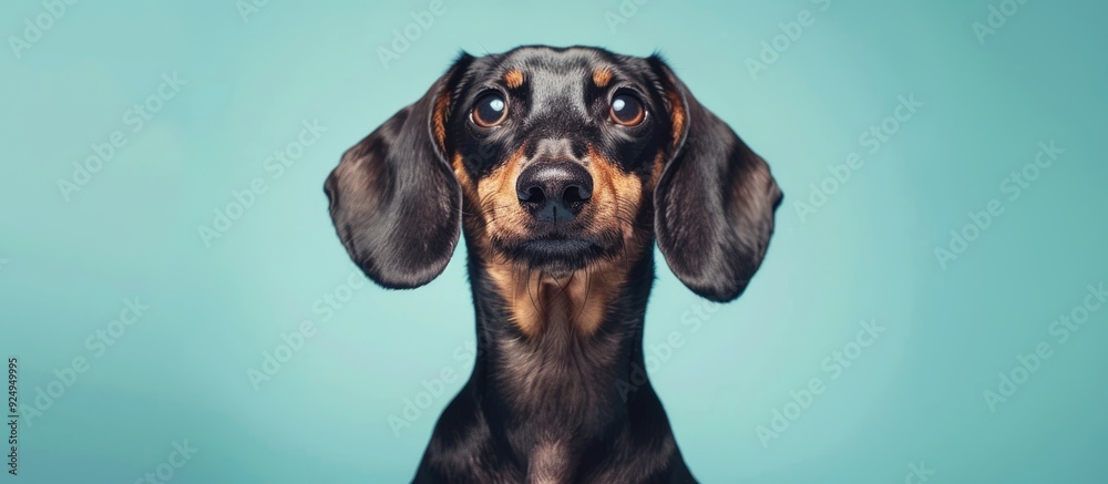 Poster studio portrait of a young dachshund set against a light blue background. with copy space image. pla