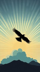 Obraz premium Silhouette of a bird flying above a mountain range with a bright yellow and blue sunset.