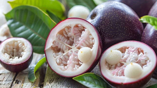 Close up of juicy pitomba fruits halved to showcase the sweet white flesh inside, arranged beautifully with green leaves on a wooden backdrop in a natural and fresh setting