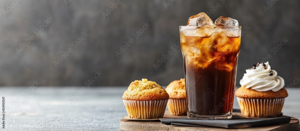 Poster iced coffee in a glass container alongside sweet muffins. with copy space image. place for adding te