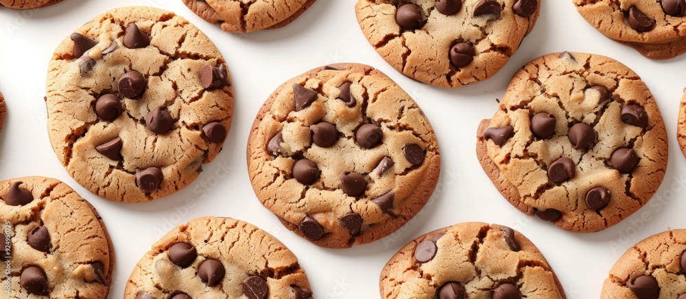 Fototapete cookies with dark chocolate chips set against a white background. with copy space image. place for a