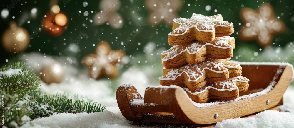 Aufkleber Stack of gingerbread cookies for Christmas on a decorative wooden sled Gingerbread cookies on a sled against a green backdrop with snow Festive Christmas atmosphere. with copy space image