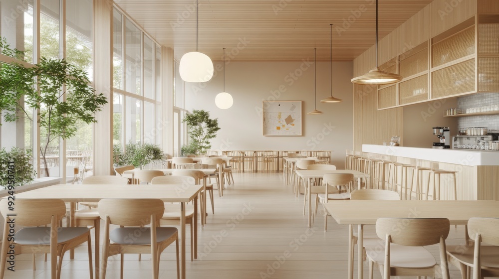 Poster a spacious cafe features wooden tables and chairs, large windows for natural light, and greenery, cr