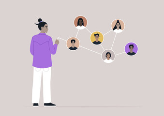 A person stands, engaging with virtual connections among a group of diverse characters depicted through a network diagram in a collaborative digital environment