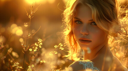 Fototapeta premium Girl in the field of wheat in love and lust, photosession, photoshoot, warm colors, sunkissed