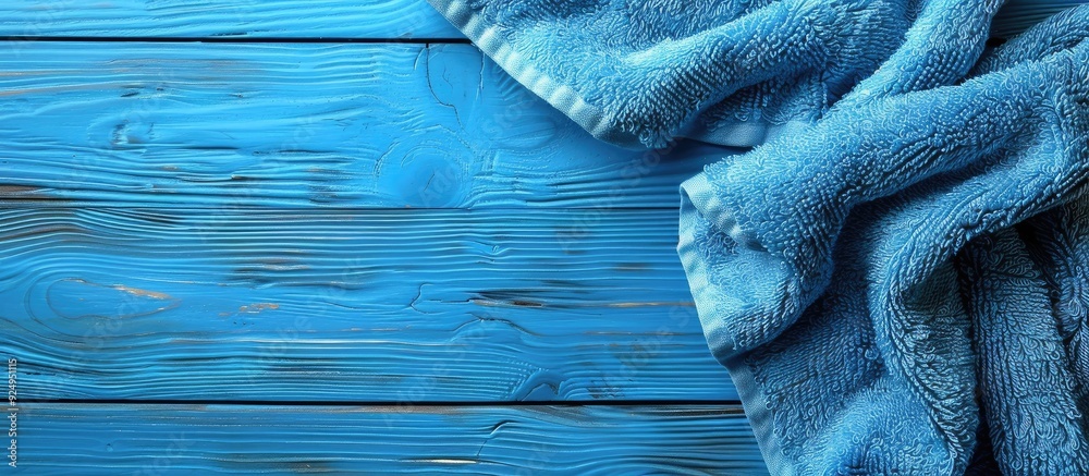 Poster blue towel viewed from above on a wooden blue surface close up with copy space soft blue napkin in c