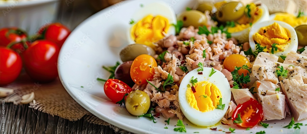 Aufkleber tuna salad featuring white beans tomatoes boiled eggs and black olives on plates against a light sla
