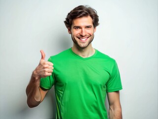 Fototapeta premium Happy young male gestures thumbs up and points to the side, wearing a vibrant green casual tee, conveying enthusiasm and positivity in a bright setting.