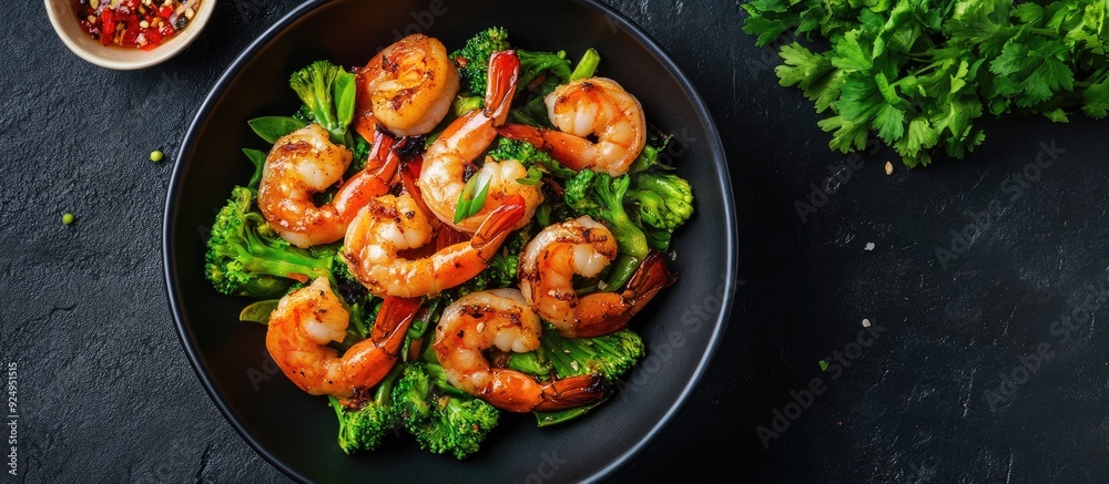 Aufkleber chinese cuisine shrimp and green leafy vegetables stir fried. with copy space image. place for addin