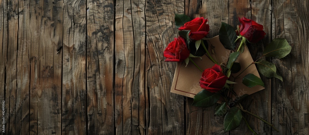 Poster Box of roses and a card on an aged wooden surface. with copy space image. Place for adding text or design