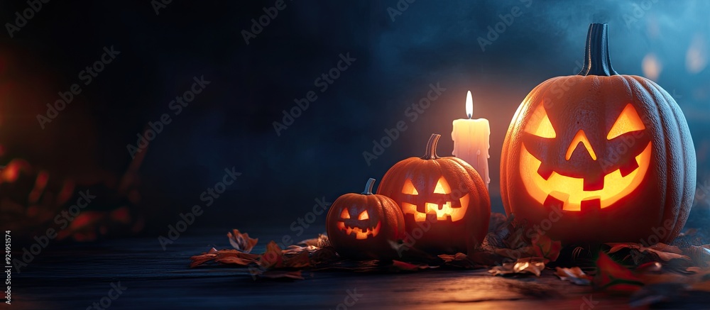 Aufkleber halloween pumpkins featuring frightening faces and a lit candle. with copy space image. place for ad