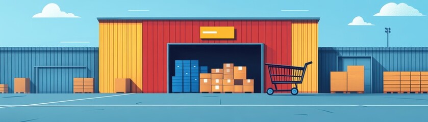 Obraz premium Illustration of a warehouse exterior with stacked boxes and an empty shopping cart outside. Represents logistics, storage, and retail.
