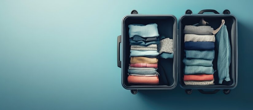 Top view of an open suitcase packed with clothes prepared for travel. with copy space image. Place for adding text or design