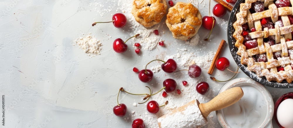 Poster Cherry pie baking ingredients fresh cherries flour egg cinnamon and a rolling pin on a rustic white table Background arrangement with available text space Top view flat lay style