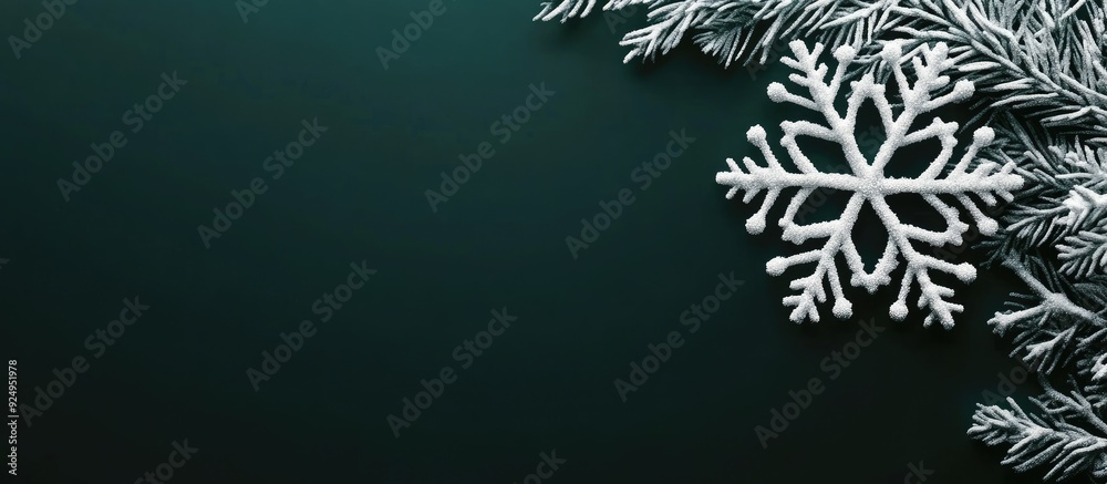 Poster White snowflake design for holidays on a dark green backdrop. with copy space image. Place for adding text or design