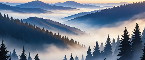 An Anime Foggy Mountains hidden in the Forest 