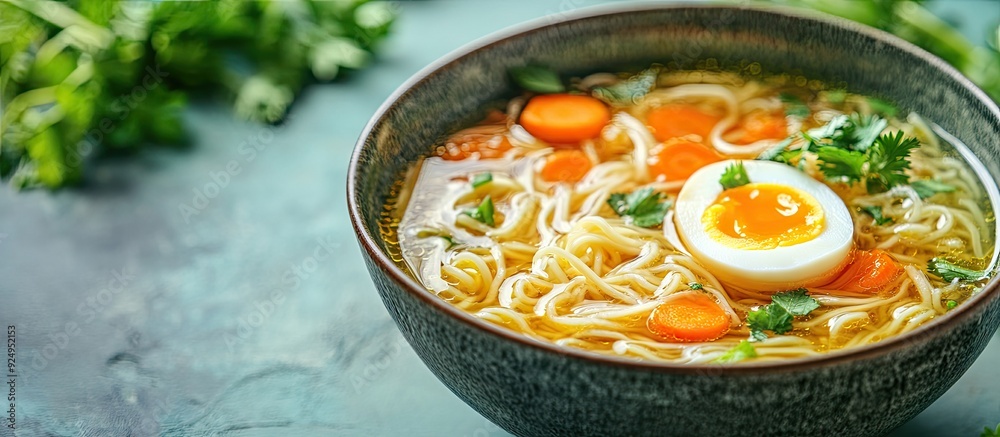 Poster Homemade Oriental Ramen noodle soup featuring egg carrot onion and parsley Vegan dish Nutritious meal. with copy space image. Place for adding text or design