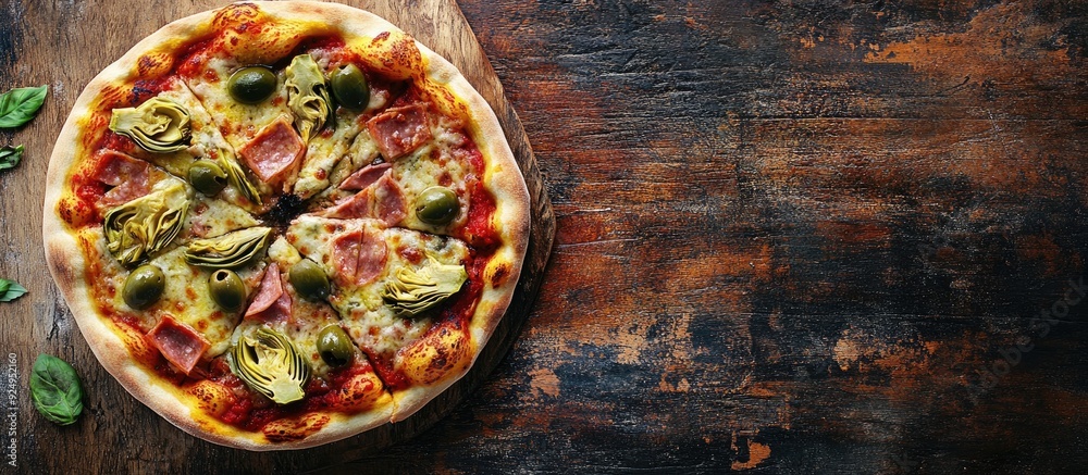 Poster artichoke pizza with ham and olives as a fast food snack or appetizer on the table featuring copyspa