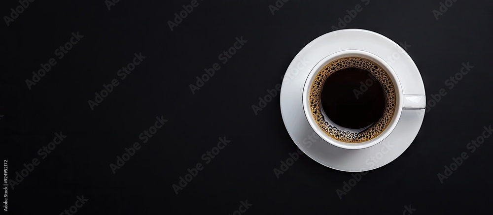 Poster white cup filled with black coffee on a black background top view with copyspace for your text horiz