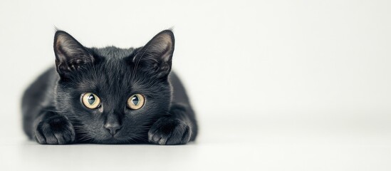 A black cat is crouching with its ears folded. with copy space image. Place for adding text or design