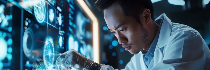A scientist intensely analyzing data on a high-tech digital interface screen in a futuristic laboratory environment.