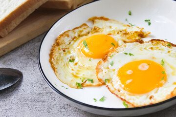 close-up of a plate of fried eggs