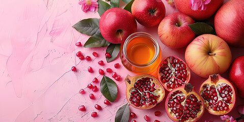Rosh Hashanah Jewish New Year holiday concept Traditional symbols Honey jar apples pomegranate