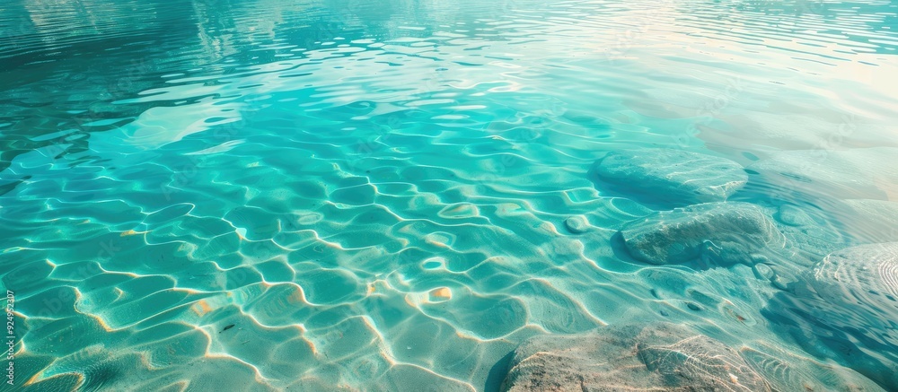 Poster translucent turquoise lake water. with copy space image. place for adding text or design