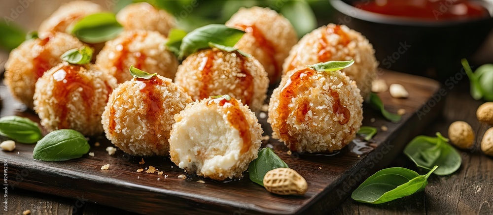 Poster Cottage cheese balls coated in peanuts and drizzled with apple basil sauce The dessert pretends to be ice cream. with copy space image. Place for adding text or design