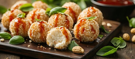 Cottage cheese balls coated in peanuts and drizzled with apple basil sauce The dessert pretends to be ice cream. with copy space image. Place for adding text or design