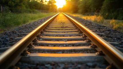 Train Tracks Leading Towards Golden Sunset