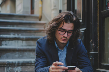 Fototapeta premium Young Professional Checking Smartphone on Urban Steps 