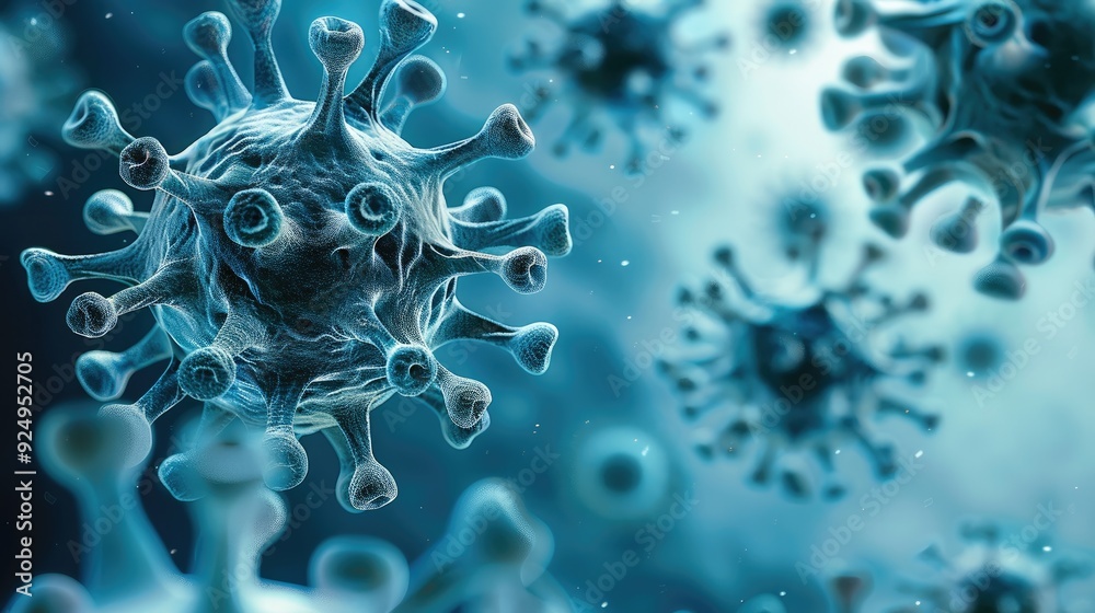 Poster 3d render of microscopic corona virus, background blue and teal. generative ai.