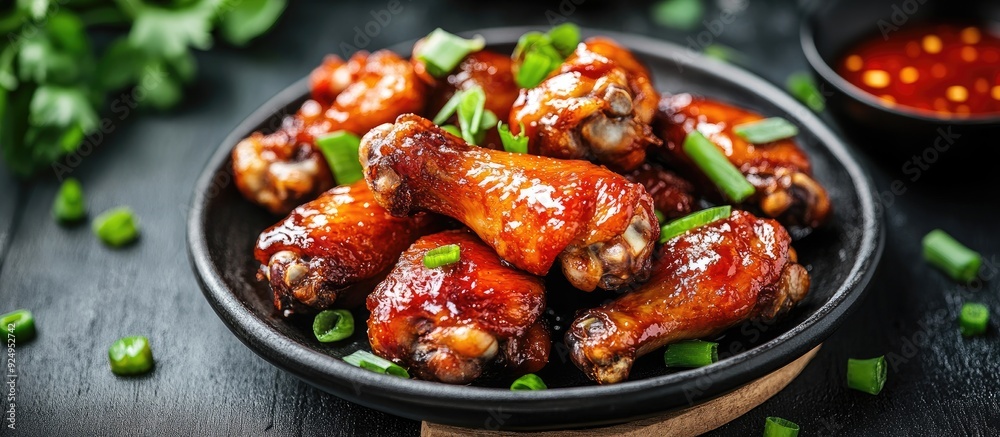 Aufkleber chinese cuisine featuring steamed chicken wings with scallions and red pepper sauce. with copy space