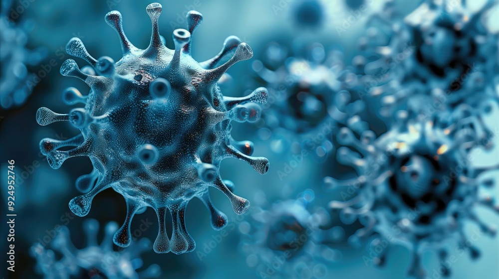 Aufkleber 3d render of microscopic corona virus, background blue and teal. generative ai.