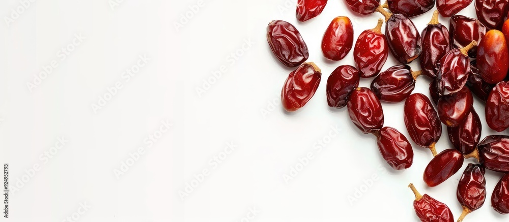 Poster dried date palm fruits or kurma are ramadan ramazan food on a white background copy space for text t