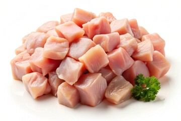 Freshly cut chicken thigh fillet cubes, neatly arranged on a clean white background, showcasing tender and juicy texture, perfect for culinary creations.