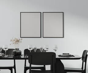 two frames mock up above a beautiful dining table setted with cutlery, plates, glasses and decor, black furniture , 3d rendering