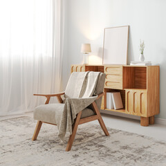Fototapeta premium Modern living room interior background, armchair with frame mock up on cupboard, 3d render